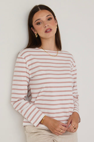 model wears a pink stripe tee