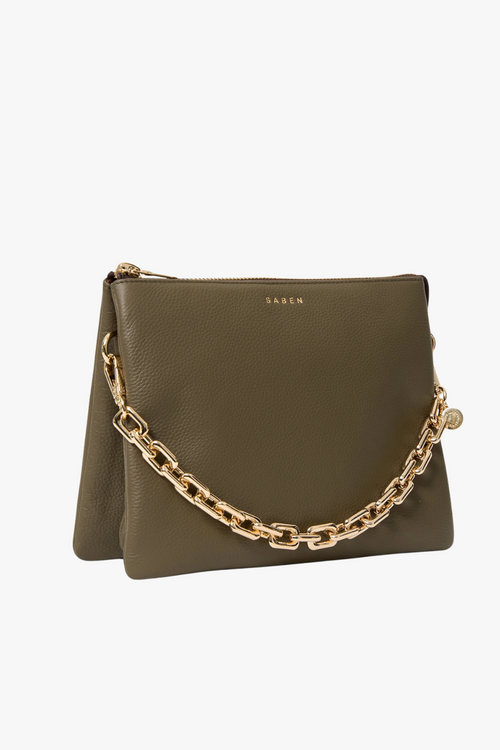 saben khaki rosemary clutch handbag with gold chair and gold zip
