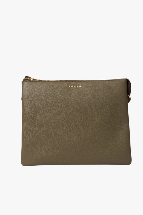 saben khaki rosemary clutch handbag with gold chair and gold zip
