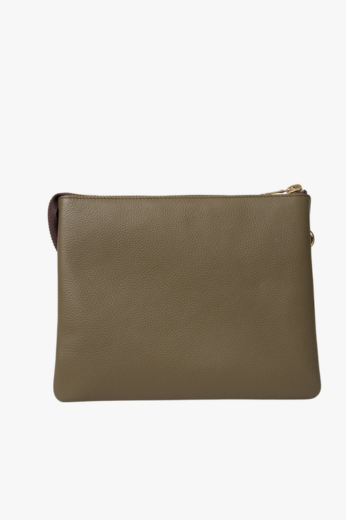 saben khaki rosemary clutch handbag with gold chair and gold zip