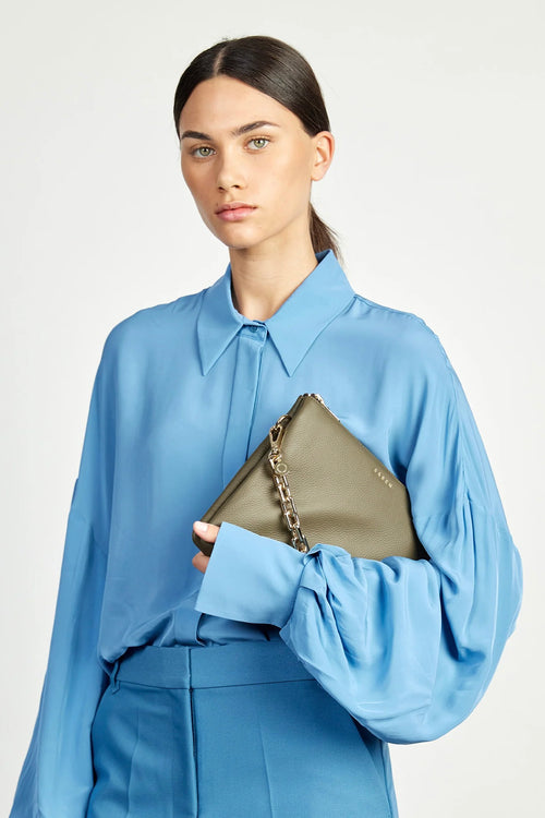saben khaki rosemary clutch handbag with gold chair and gold zip
