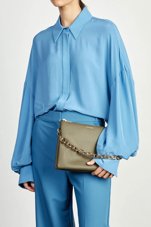 saben khaki rosemary clutch handbag with gold chair and gold zip