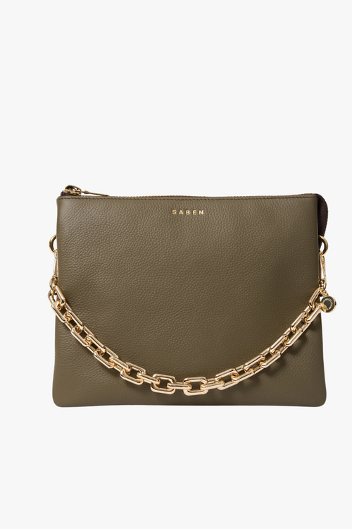 saben khaki rosemary clutch handbag with gold chair and gold zip