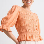 Melodic Apricot Short Sleeve Linen Shirred Bodice Top