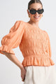 Melodic Apricot Short Sleeve Linen Shirred Bodice Top