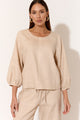 Mia Camel Contrast Stitch Linen Top