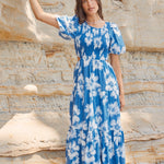 Milano Blue Hibiscus Bubble Sleeve Tiered Maxi Dress