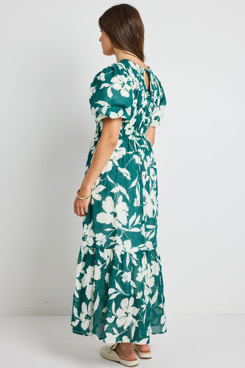 model wears Green Cotton Floral Maxi Dress