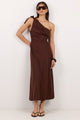 Mirror Chocolate Linen Blend One Shoulder Bow Midi Dress