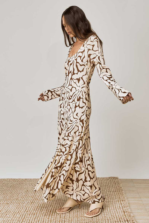 model wears a brown floral long sleeve dress