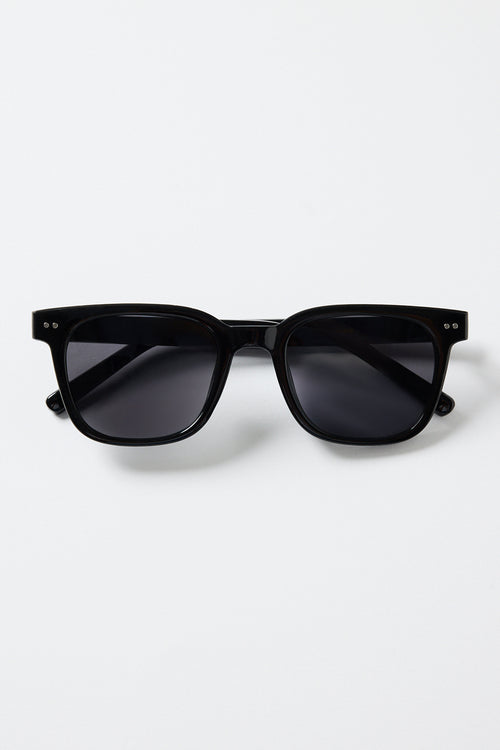 Glossy black classic square sunglasses with dark tinted lenses and subtle metal detailing, photographed on a white background.