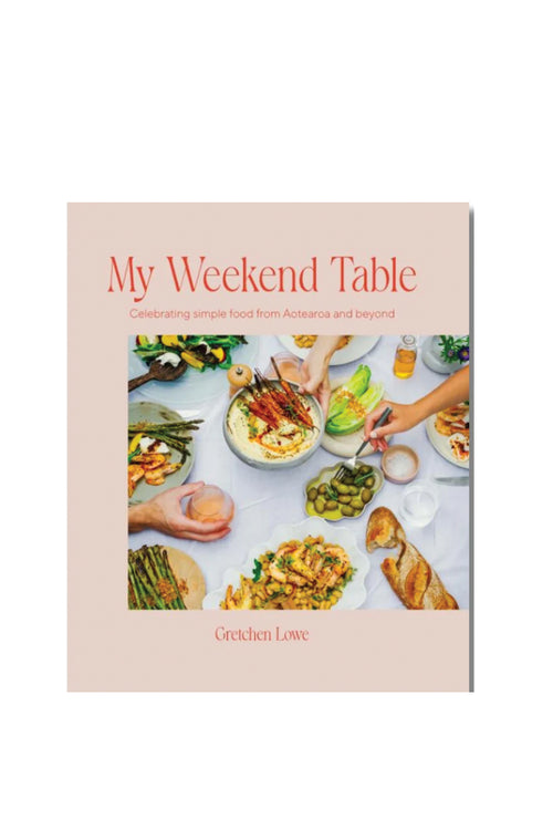 Book cover of 'My Weekend Table' with images of food and people eating.