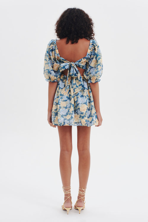 New Sky Blue Floral Puff Sleeve Mini Dress WW Dress Ownley   