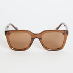 Espresso-brown rounded-square sunglasses with warm brown tinted lenses, photographed on a white background.