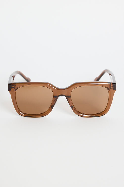 Espresso-brown rounded-square sunglasses with warm brown tinted lenses, photographed on a white background.