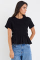 Neat Black Slub Shirred Detail SS Tee