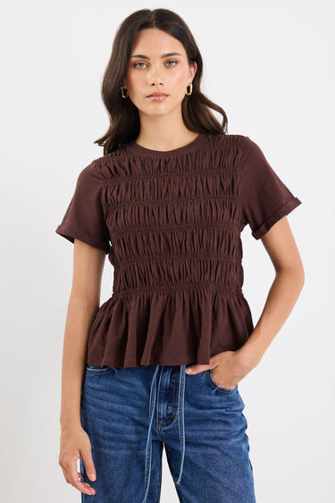 Neat Chocolate Slub Shirred Detail SS Tee