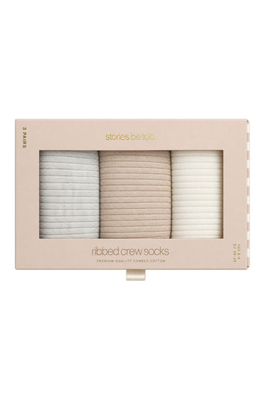 Neutral 3 pack ribbed crew socks in grey, ivory and beige presented in Stories Be Told gift box packaging
