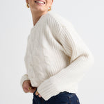 model wears a white knit jumper