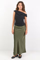Rosette Khaki Satin Bias Midi Skirt