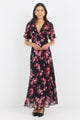 Noble Black Pink Abstract Print V Neck Puff Sleeve Midi Dress