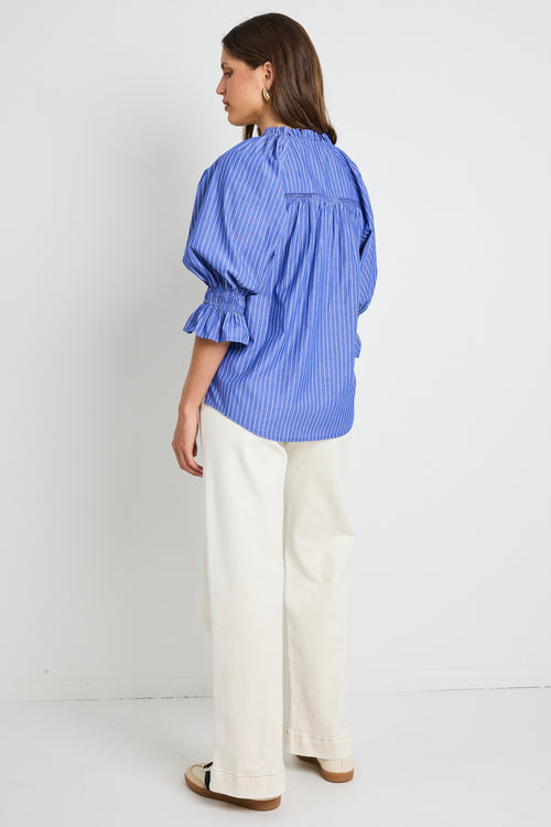 model wears Dark Blue Stripe Cotton Blouse