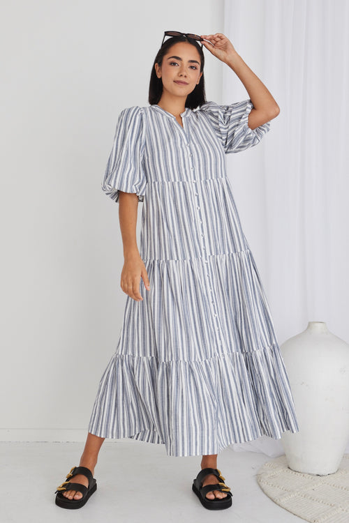 Noya Navy Stripe Puff Ss Buttoned Tiered Maxi Dress WW Dress Ivy + Jack   