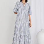 Noya Navy Stripe Puff Ss Buttoned Tiered Maxi Dress WW Dress Ivy + Jack   