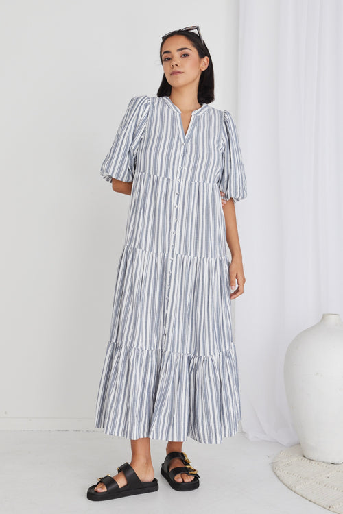 Noya Navy Stripe Puff Ss Buttoned Tiered Maxi Dress WW Dress Ivy + Jack   