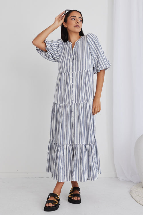 Noya Navy Stripe Puff Ss Buttoned Tiered Maxi Dress WW Dress Ivy + Jack   