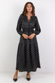 Nuance Black Mini Polka Dot Long Sleeve V Neck Shirred Waist Tiered Midi Dress