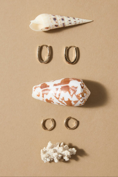 Gold hoop earrings with seashells and coral on a beige background