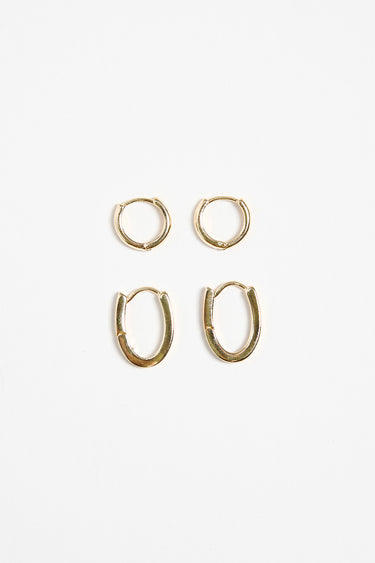 Oblong Hoop Huggie Set Gold Earrings