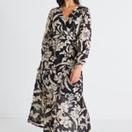 Ocean Black Cream Floral LS Wrap Dress