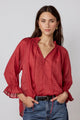 Odyssey Red Shirred Neck Button Mid Sleeve Top