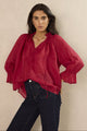 Odyssey Red Shirred Neck Button Mid Sleeve Top