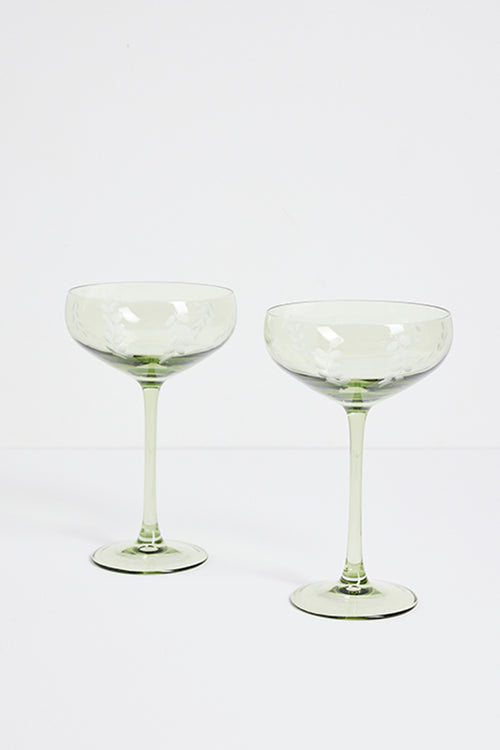 Two pale green champagne coupe glasses with a subtle etched floral pattern, standing on a clean white background.