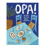 Book cover of 'Opa!' with illustrations of a Greek taverna scene on a blue background.