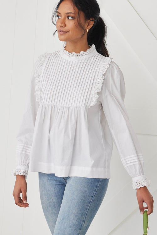 model wears a White High Neck Blouse