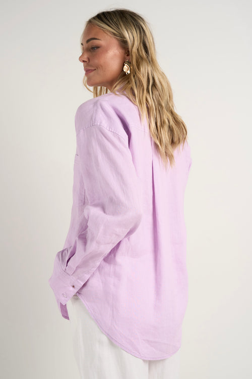 model wears Purple Oversized Linen Shirt