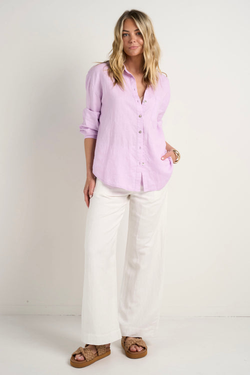 model wears Purple Oversized Linen Shirt