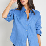 model wears Blue Linen Oversized Shirt