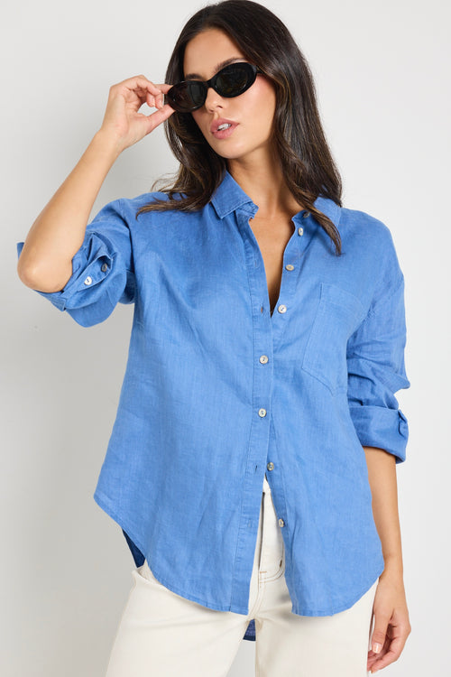 model wears Blue Linen Oversized Shirt