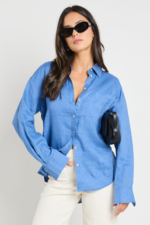 model wears Blue Linen Oversized Shirt