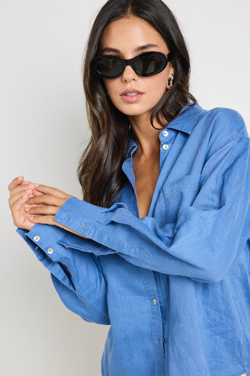 model wears Blue Linen Oversized Shirt