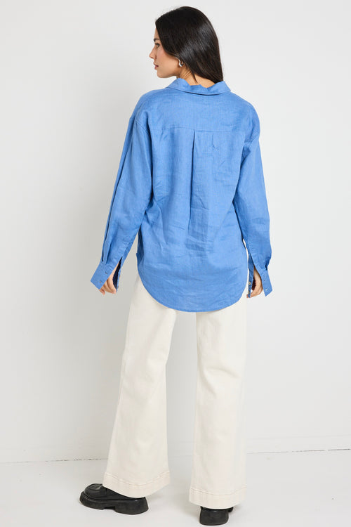 model wears Blue Linen Oversized Shirt