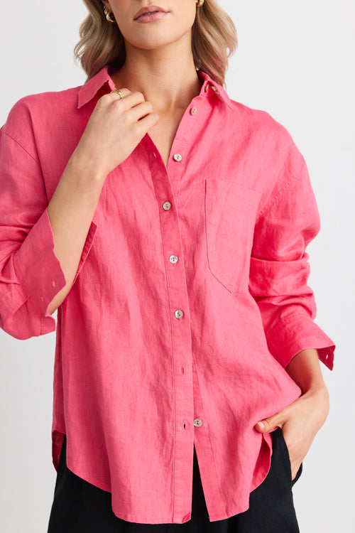 model wears a pink linen shirt 