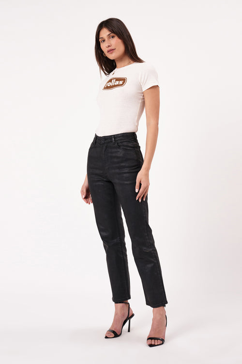 model wears black jeans