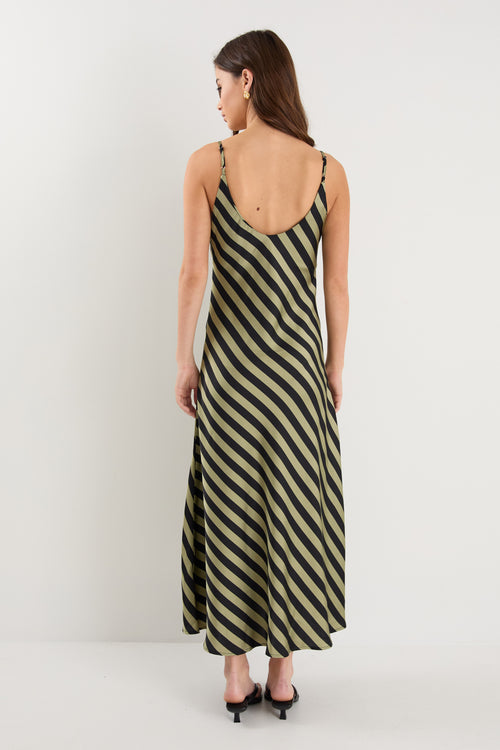 model wears a black and khaki stripe maxi dress with black heels 