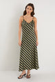 Otherworldly Khaki Black Stripe Satin Bias Slip Midi Dress